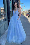 V Neck Blue Sparkly Tulle A-Line Prom Dress With Pockets