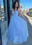 V Neck Blue Sparkly Tulle A-Line Prom Dress With Pockets