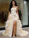 A Line Flower Ruffles Tulle Vintage Yellow Prom Dress With Slit