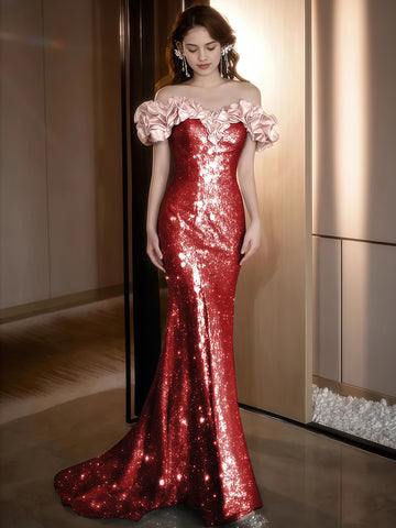 Off The Shoulder Sequin Burgundy Trumpet Mermaid Prom Dress