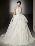 Draped A Line Halter Sleeveless Satin Wedding Dress