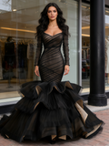 Black Off The Shoulder Long Sleeves Ruffles Prom Dress