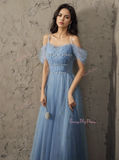 Tulle Beading Blue Off The Shoulder Prom Dress