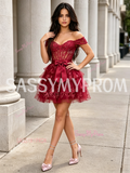 Burgundy Off The Shoulder Layers A Line Tulle Homecoming Dress