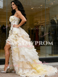A Line Flower Ruffles Tulle Vintage Yellow Prom Dress With Slit