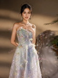 Flower Tulle Green Strapless Prom Dress