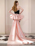 Sheath Column Beading Strapless Pink Bow Prom Dress