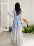 Scoop A Line Ombre Blue Sequin Prom Dress