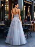 Sweetheart Appliques Spaghetti Straps Gray Tulle A Line Prom Dress