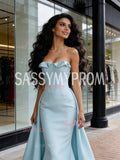Trumpet Mermaid Strapless Light Blue Satin Prom Dress
