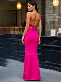 Fuchsia Sheath Column Spaghetti Straps Spandex Prom Dress With Slit