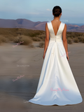 High Low A Line Satin Belt White Wedding Dress