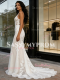 Sheer Lace Appliques V Neck Trumpet Mermaid Wedding Dress