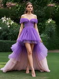 Ombre Tulle Pleats High Low Off The Shoulder Prom Dress