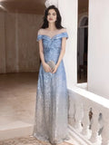 Scoop A Line Ombre Blue Sequin Prom Dress