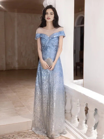 Scoop A Line Ombre Blue Sequin Prom Dress