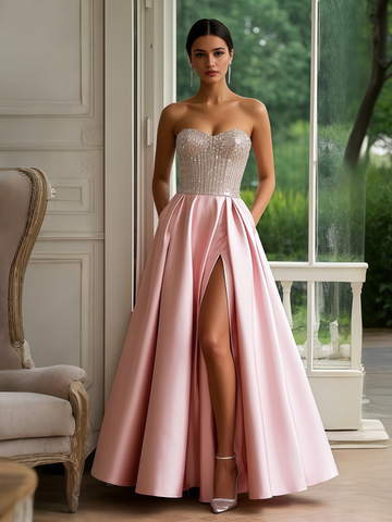 Sweetheart A Line Pink Satin Prom Dress With Pockets