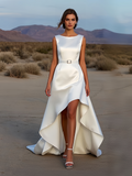 High Low A Line Satin Belt White Wedding Dress