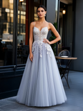 Sweetheart Appliques Spaghetti Straps Gray Tulle A Line Prom Dress