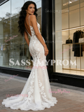 Sheer Lace Appliques V Neck Trumpet Mermaid Wedding Dress