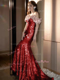 Off The Shoulder Sequin Burgundy Trumpet Mermaid Prom Dress