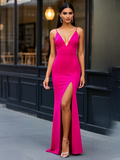 Fuchsia Sheath Column Spaghetti Straps Spandex Prom Dress With Slit