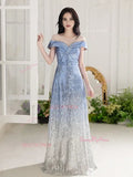 Scoop A Line Ombre Blue Sequin Prom Dress