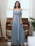 Tulle Beading Blue Off The Shoulder Prom Dress