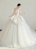 Satin Strapless Bow Ball Gown Tulle Wedding Dress