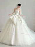 Satin Strapless Bow Ball Gown Tulle Wedding Dress