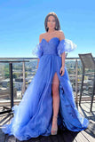 Blue Tulle A-line Princess Puff Sleeves Formal Dress