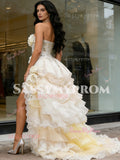A Line Flower Ruffles Tulle Vintage Yellow Prom Dress With Slit