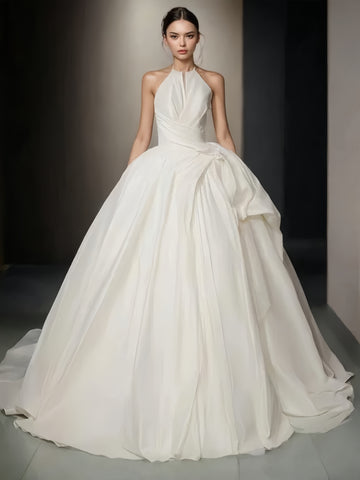 Draped A Line Halter Sleeveless Satin Wedding Dress