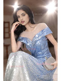 Scoop A Line Ombre Blue Sequin Prom Dress