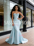 Trumpet Mermaid Strapless Light Blue Satin Prom Dress