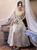 Flower Tulle Green Strapless Prom Dress