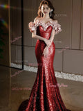 Off The Shoulder Sequin Burgundy Trumpet Mermaid Prom Dress