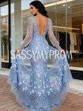 V Neck Trumpet Mermaid Flowers Blue Long Sleeve Prom Dress