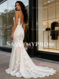 Sheer Lace Appliques V Neck Trumpet Mermaid Wedding Dress