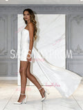 Satin Short Mini White Strapless Wedding Dress With Train