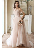 Tulle Off The Shoulder Light Pink Sheer Prom Dress