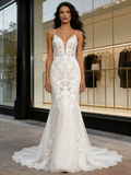 Sheer Lace Appliques V Neck Trumpet Mermaid Wedding Dress