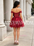 Burgundy Off The Shoulder Layers A Line Tulle Homecoming Dress
