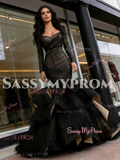 Black Off The Shoulder Long Sleeves Ruffles Prom Dress