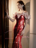 Off The Shoulder Sequin Burgundy Trumpet Mermaid Prom Dress