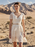 V Neck A Line Belt Lace Short Sleeve Wedding Dress