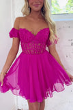 Short Off the Shoulder Fuchsia Lace Homecoming Dress