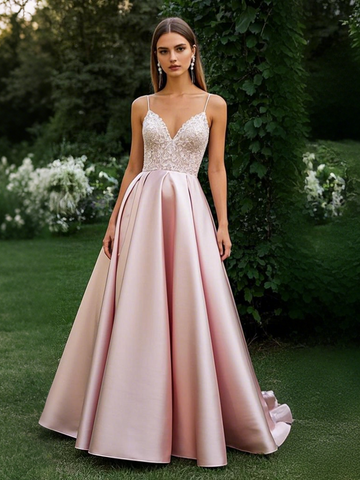 Pearl Pink Satin Spaghetti Straps A Line Prom Dress