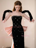 Sheath Column Beading Strapless Pink Bow Prom Dress