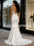 Sheer Lace Appliques V Neck Trumpet Mermaid Wedding Dress